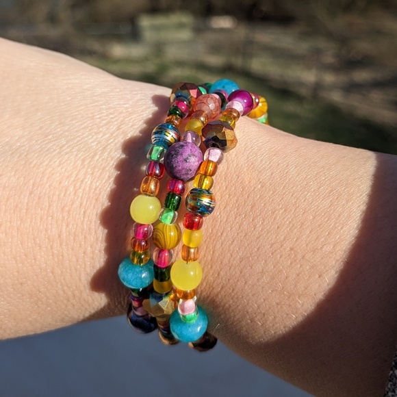 JASPER Crystals Bracelet Blue Opal Glass Beads Handmade Colorful Cute Sparkly - Picture 11 of 15